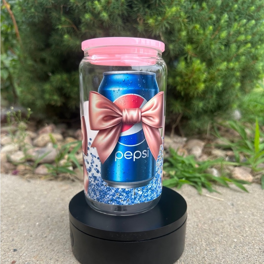 Pepsi & Bows Glass Tumbler | 16oz Girly Soda-Inspired Cup with Straw